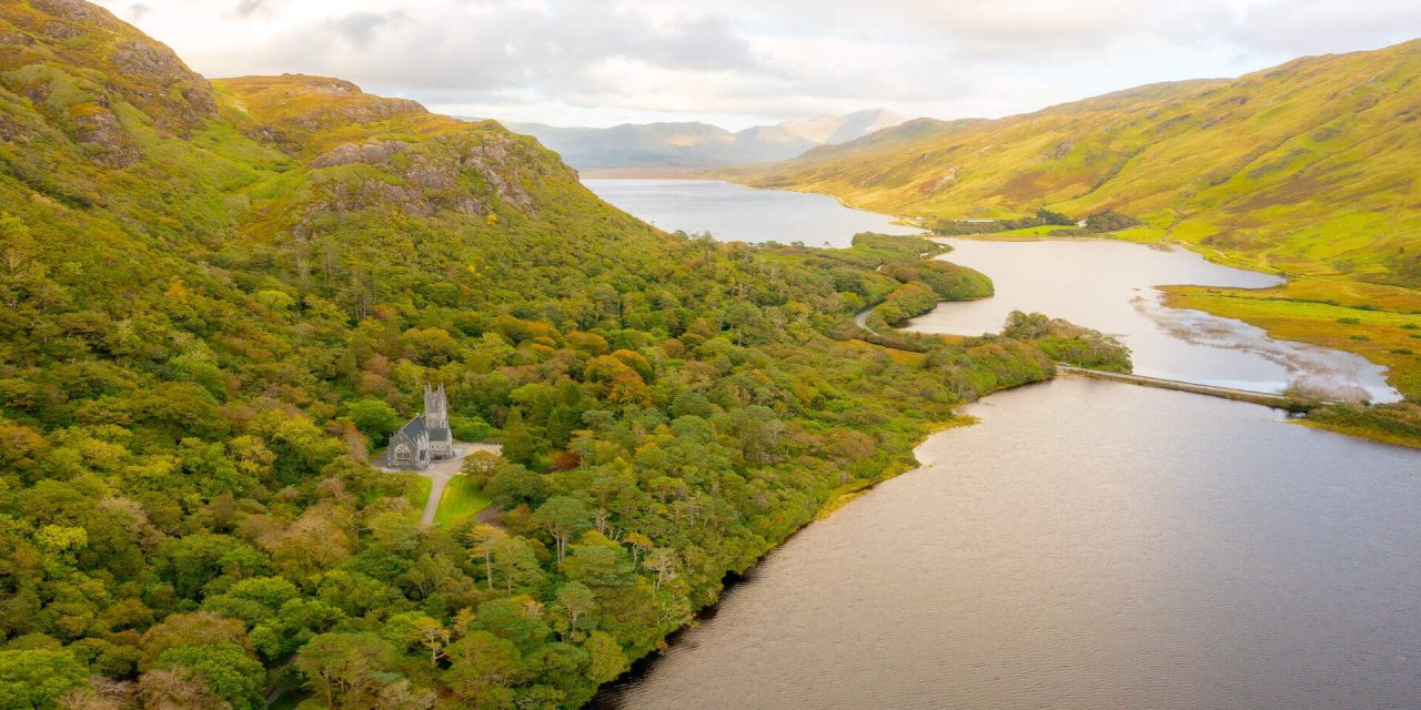 aerial image of Kylemore Abbey 